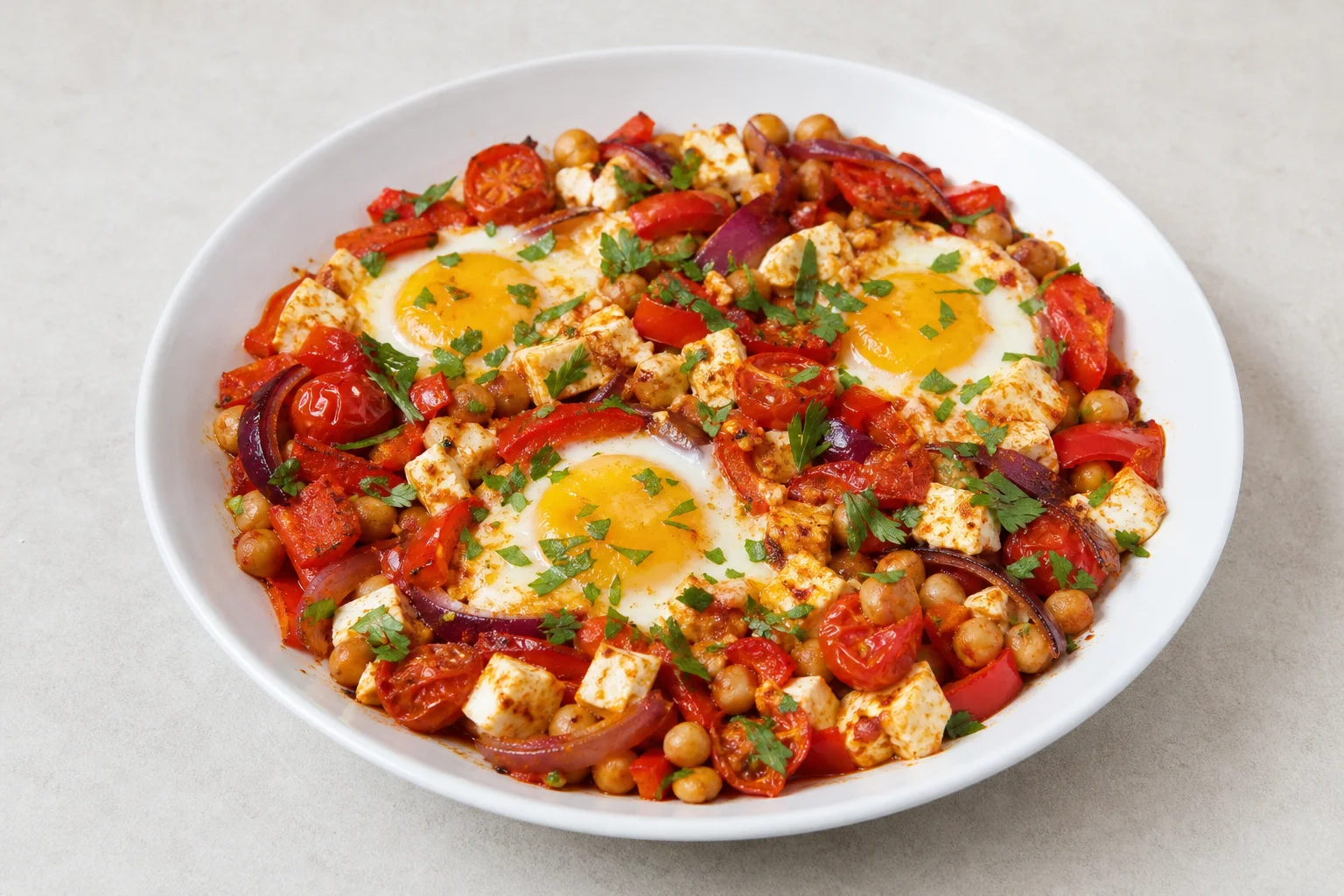 Baked feta, chickpea and egg traybake