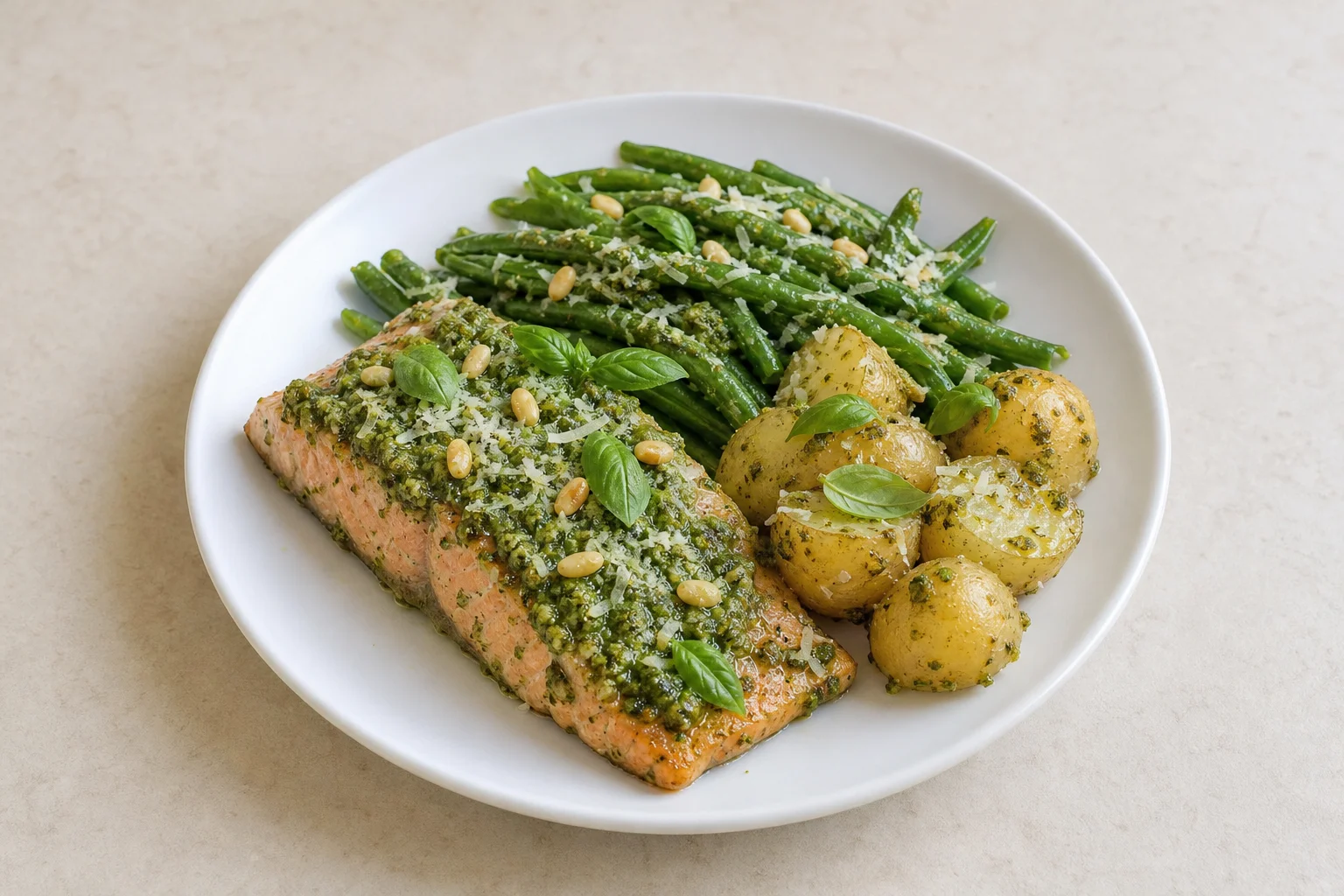 Baked salmon with pesto and green beans