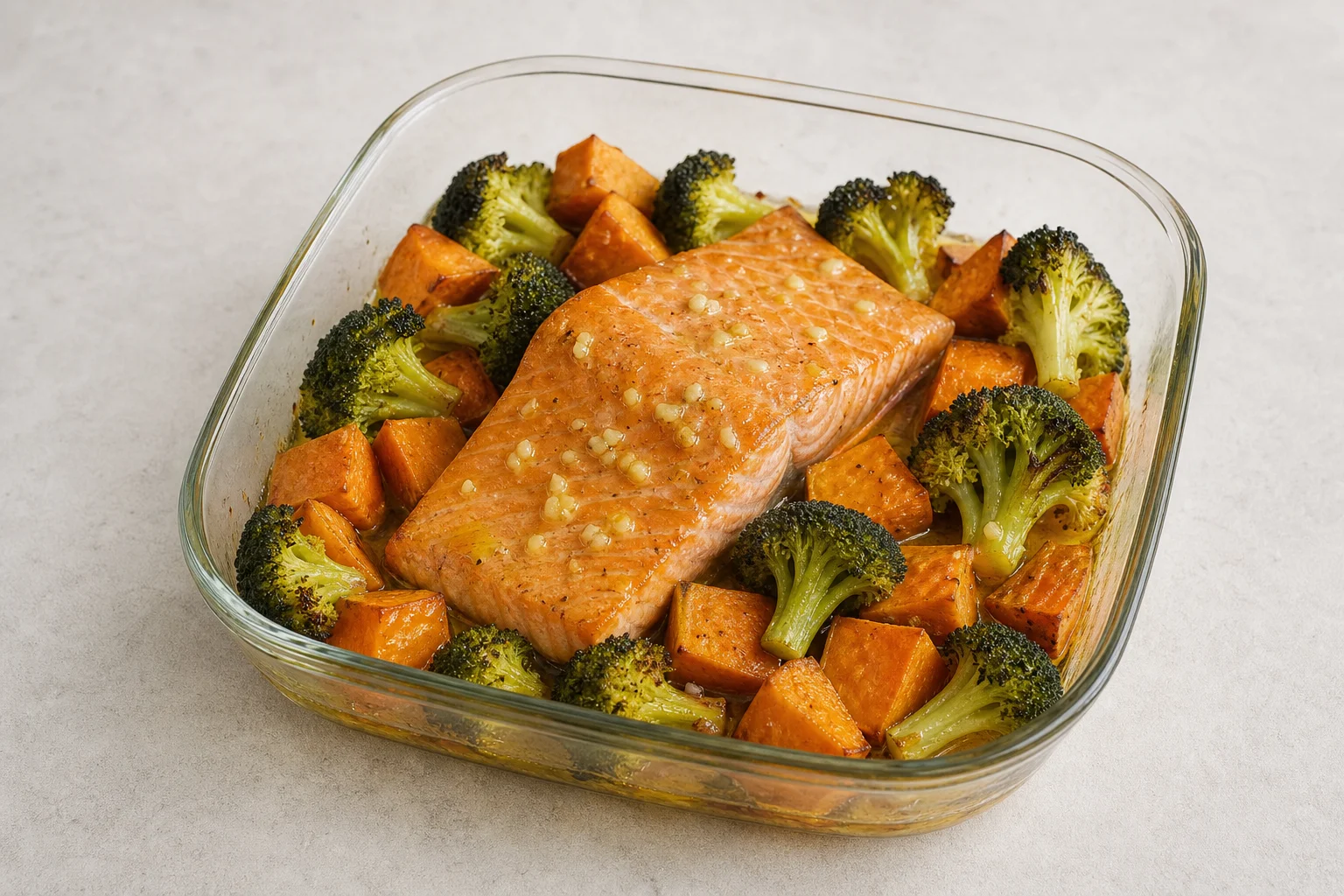Baked salmon with sweet potato and broccoli
