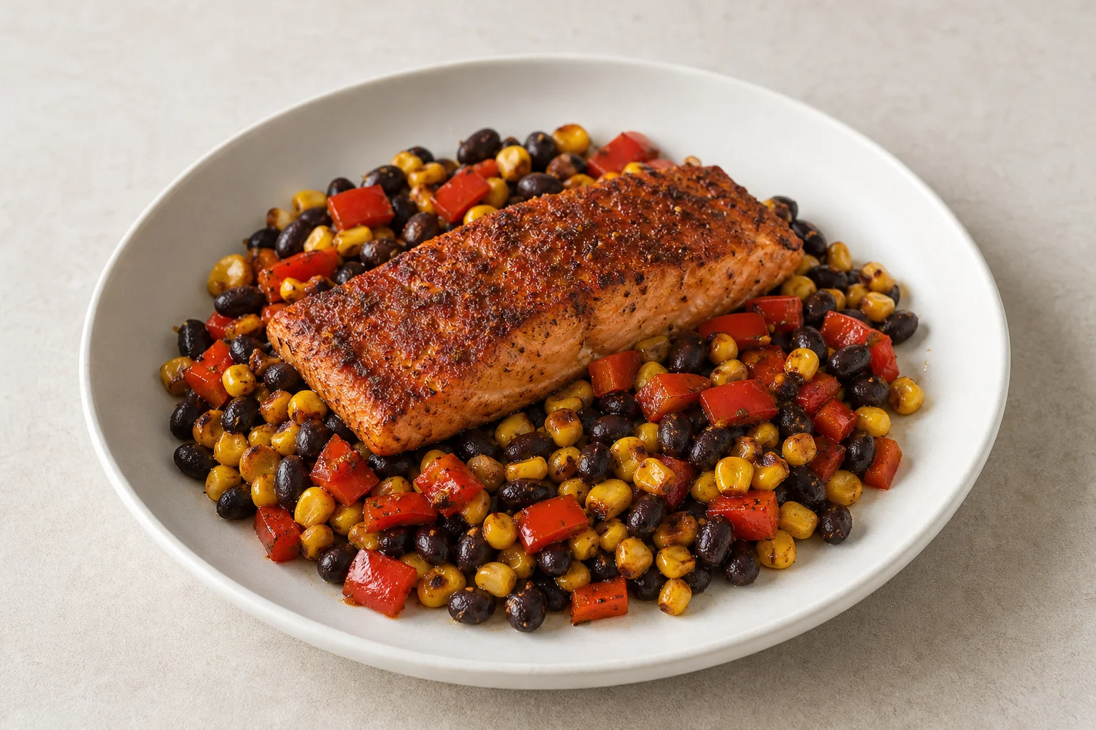 Cajun salmon with corn and beans