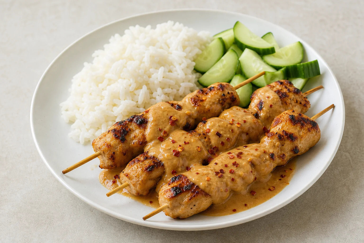Chicken satay skewers with rice