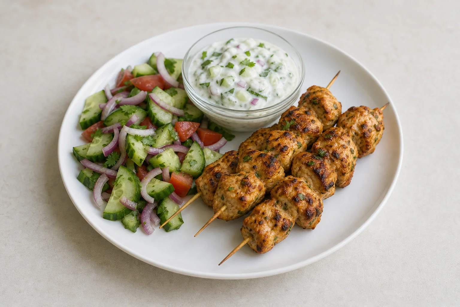 Chicken tikka skewers with salad