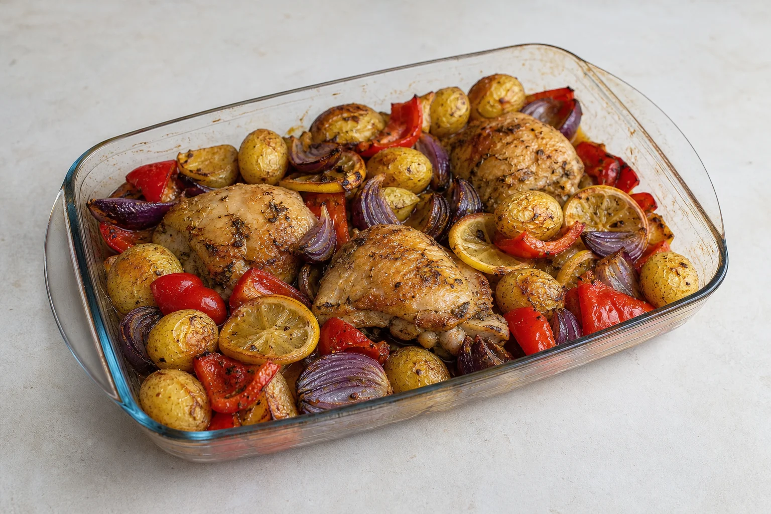 Chicken with lemon and herbs, roasted vegetables