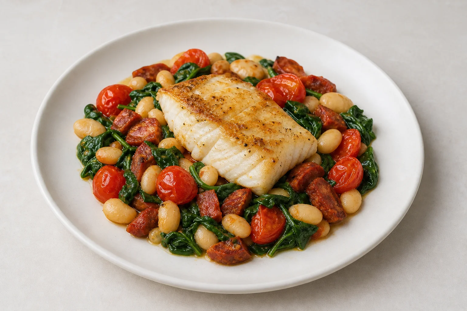 Cod with chorizo and butter beans