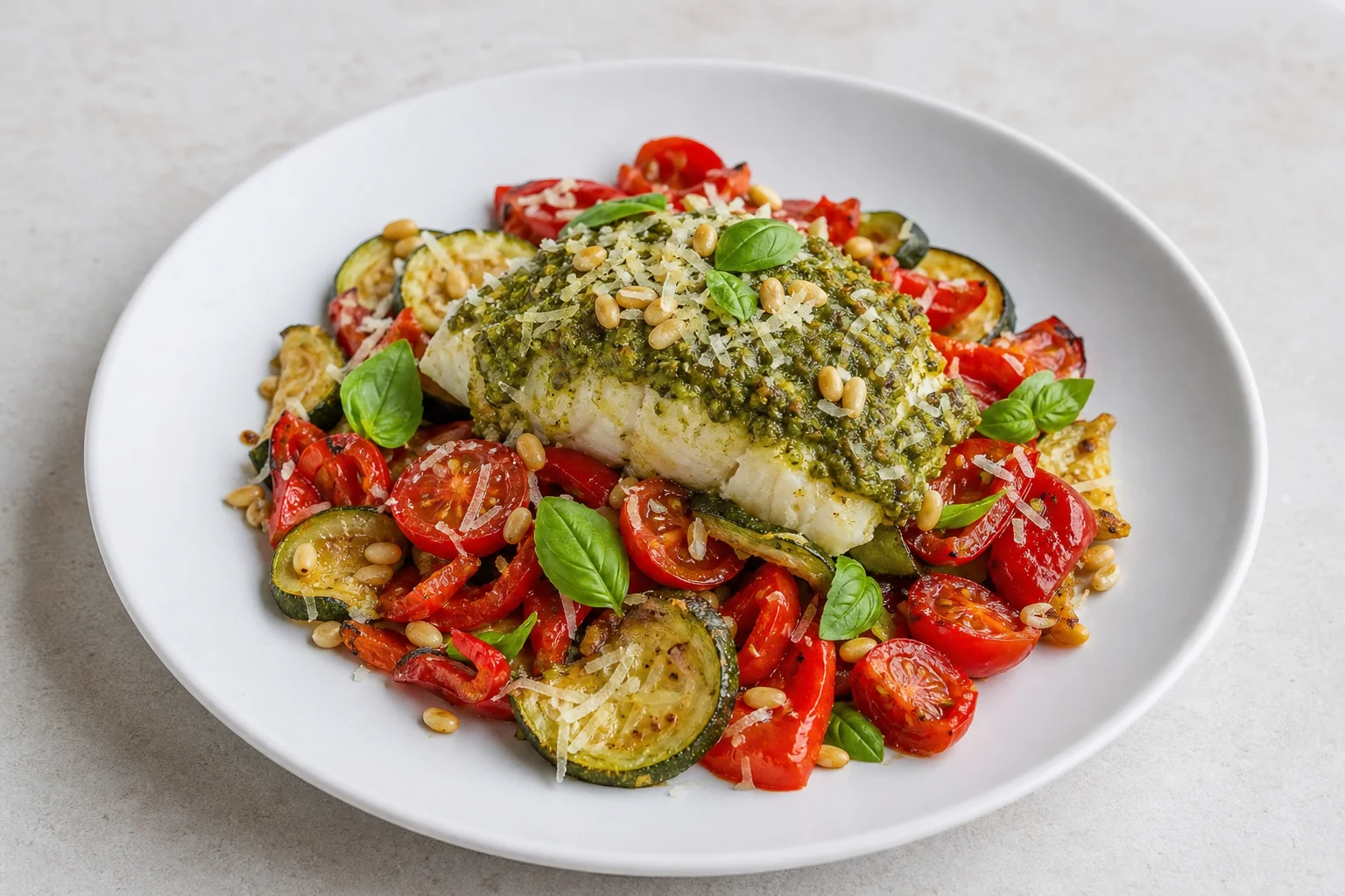 Cod with pesto and roasted vegetables