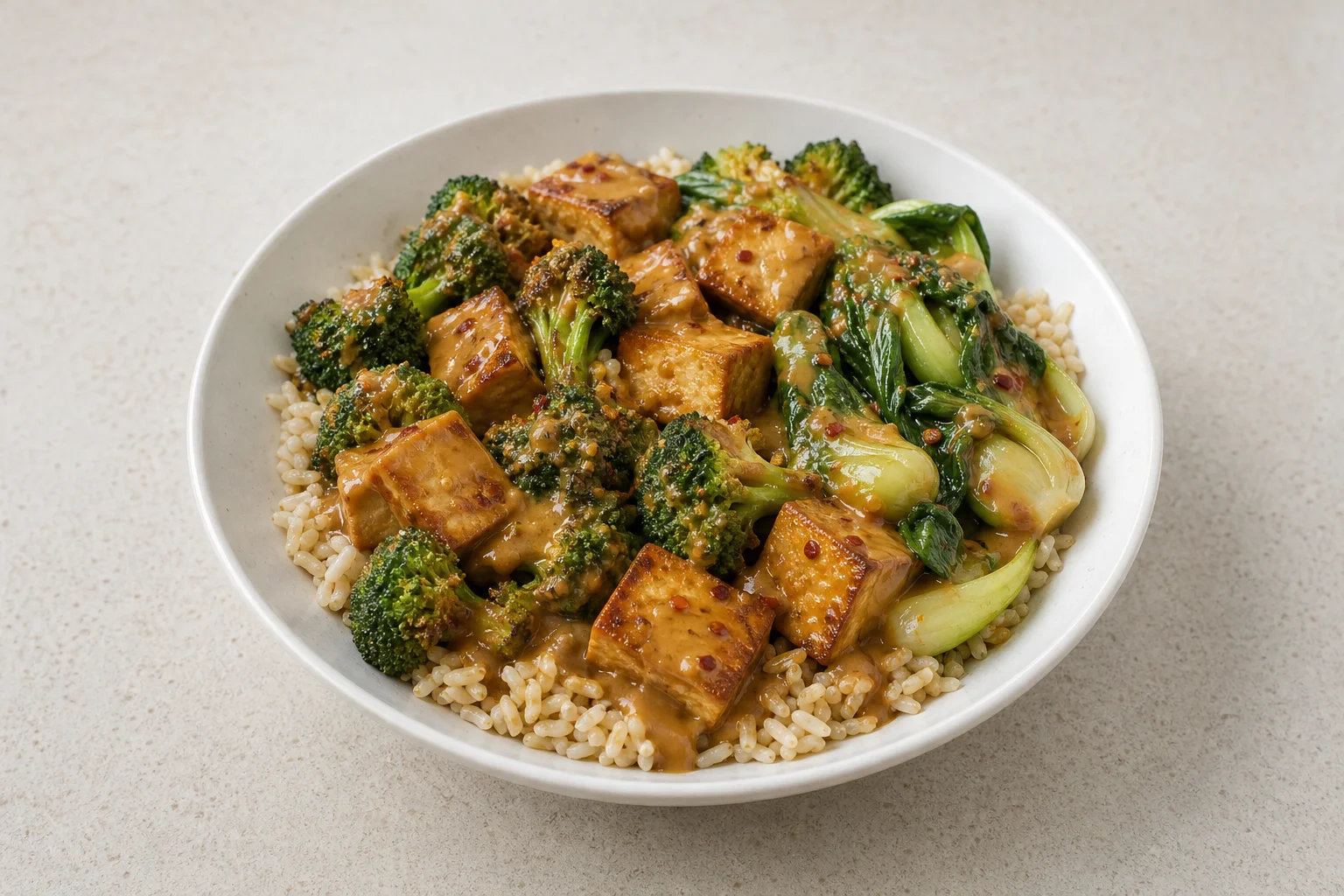 Crispy tofu with peanut sauce and greens
