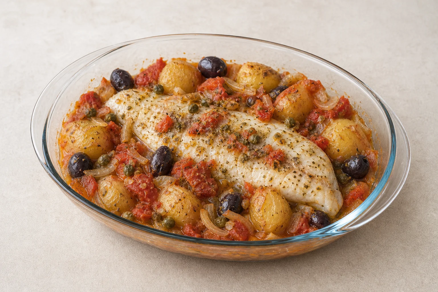 Greek baked fish with tomatoes