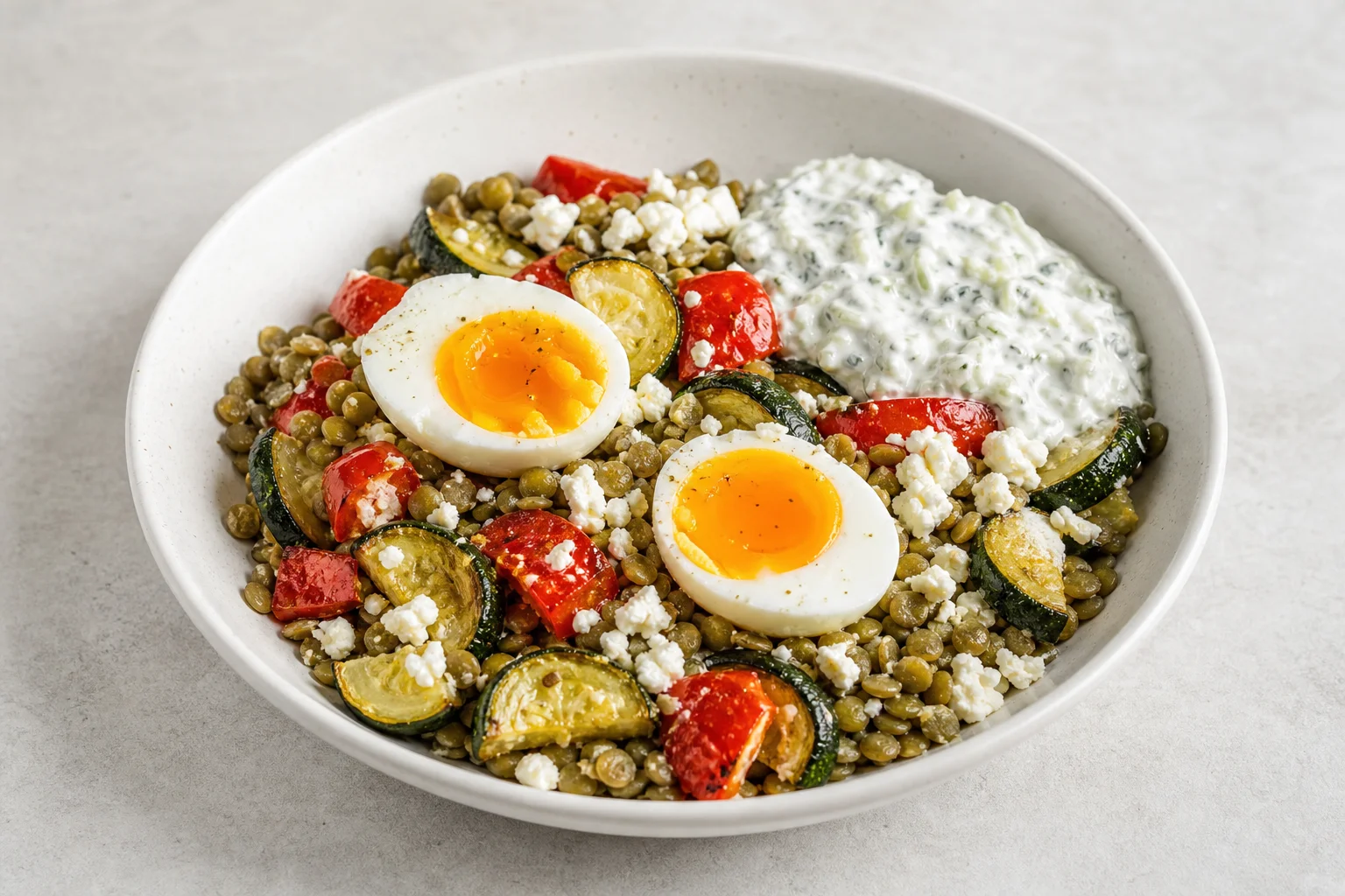 Greek lentil bowl with eggs and feta