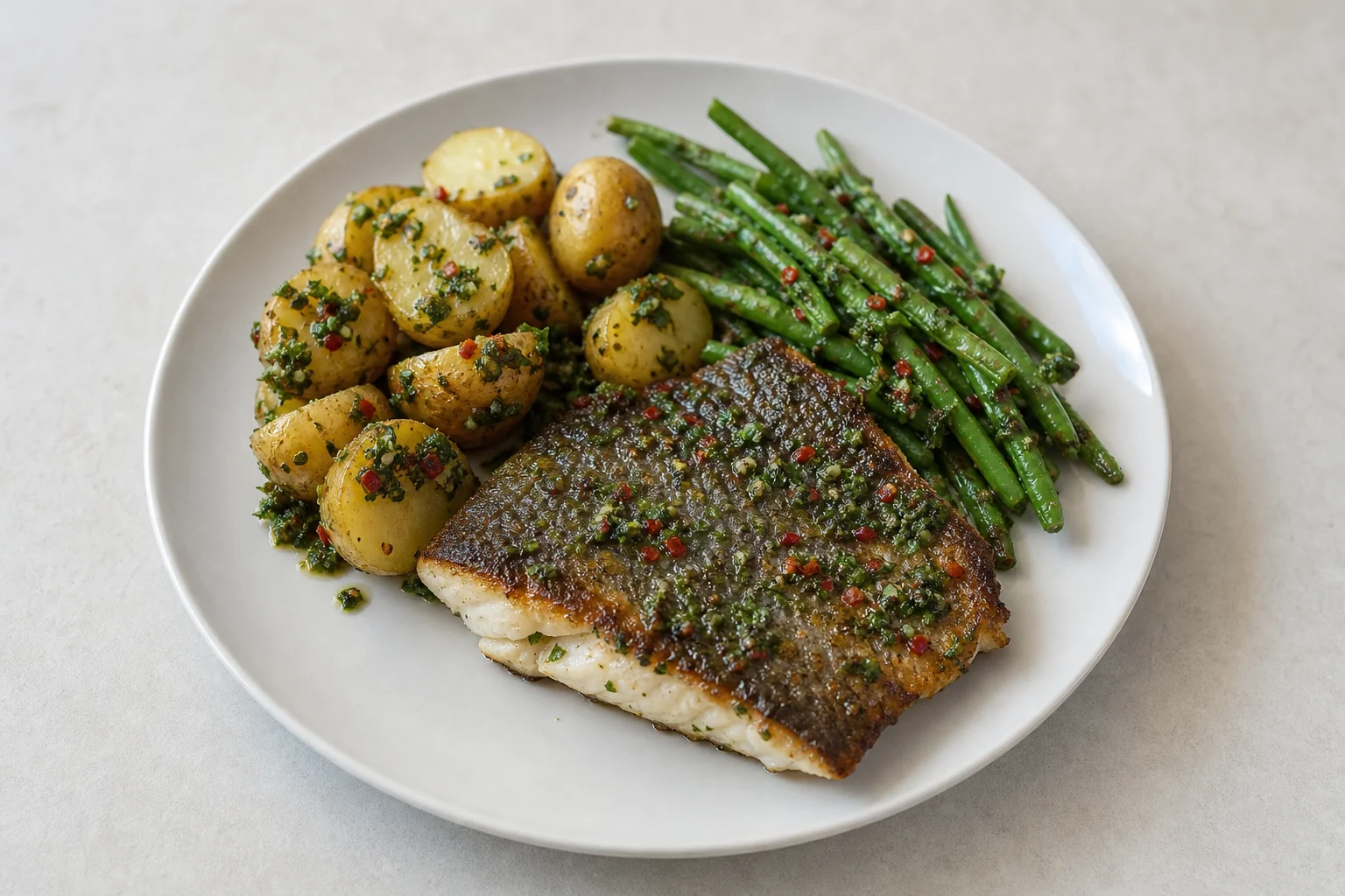 Grilled sea bass with salsa verde potatoes