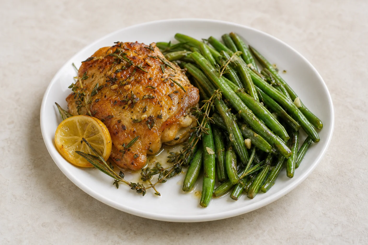 Lemon herb roast chicken thighs with green beans