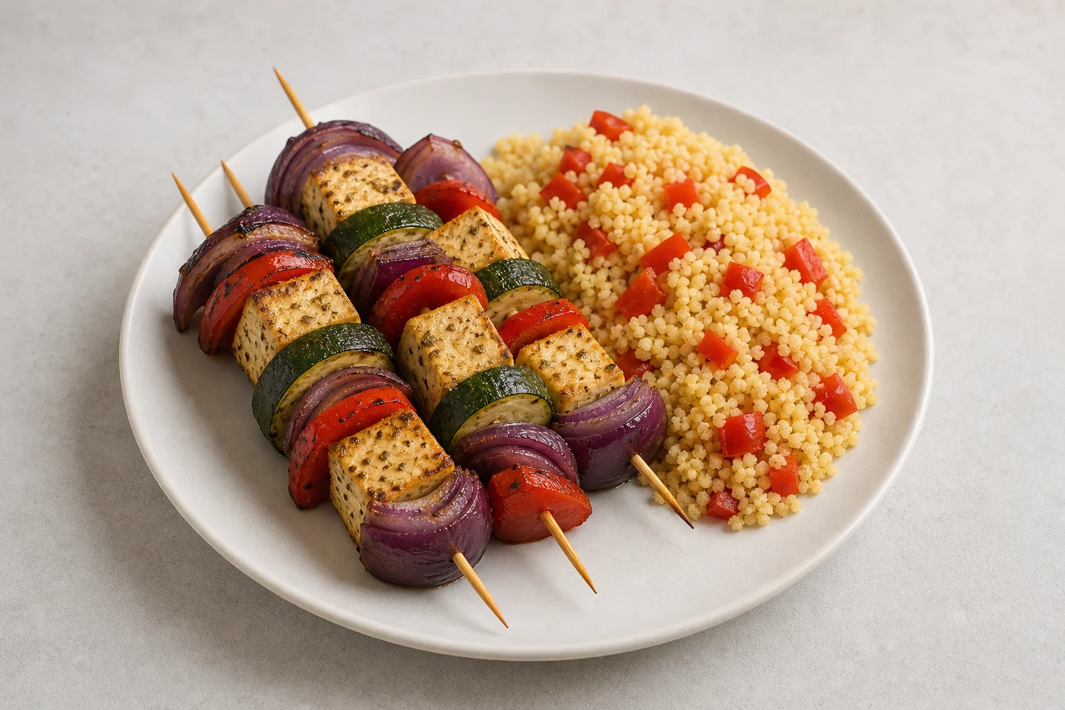 Lemon oregano tofu skewers with couscous