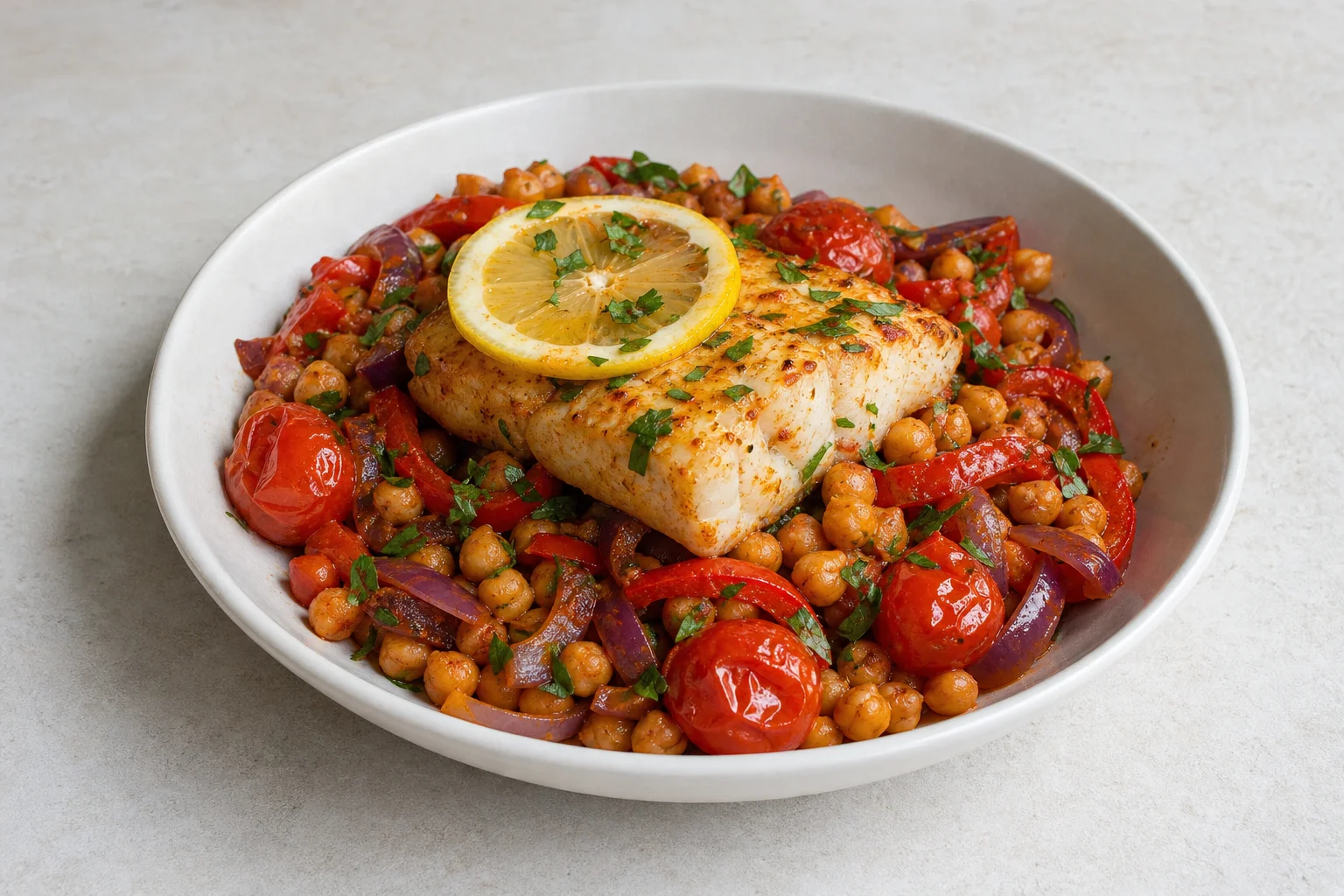 Mediterranean baked cod with chickpeas