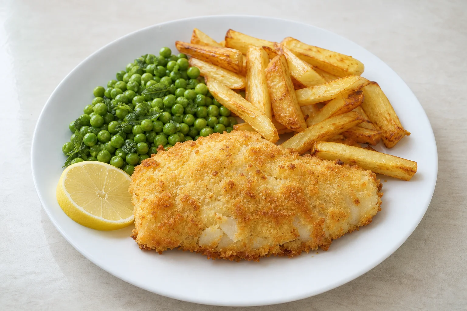 Oven fish and chips with peas
