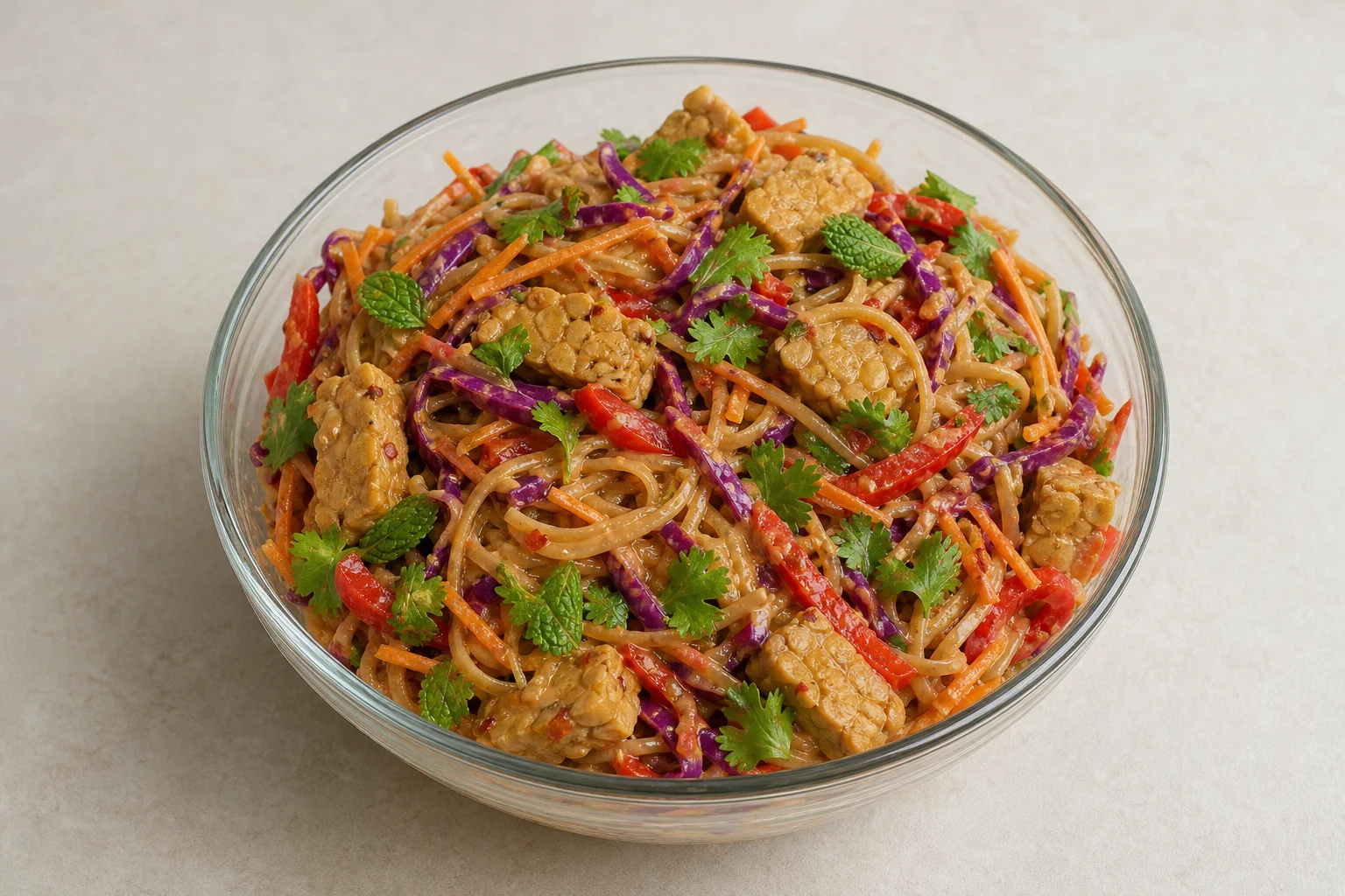 Peanut tempeh noodle salad