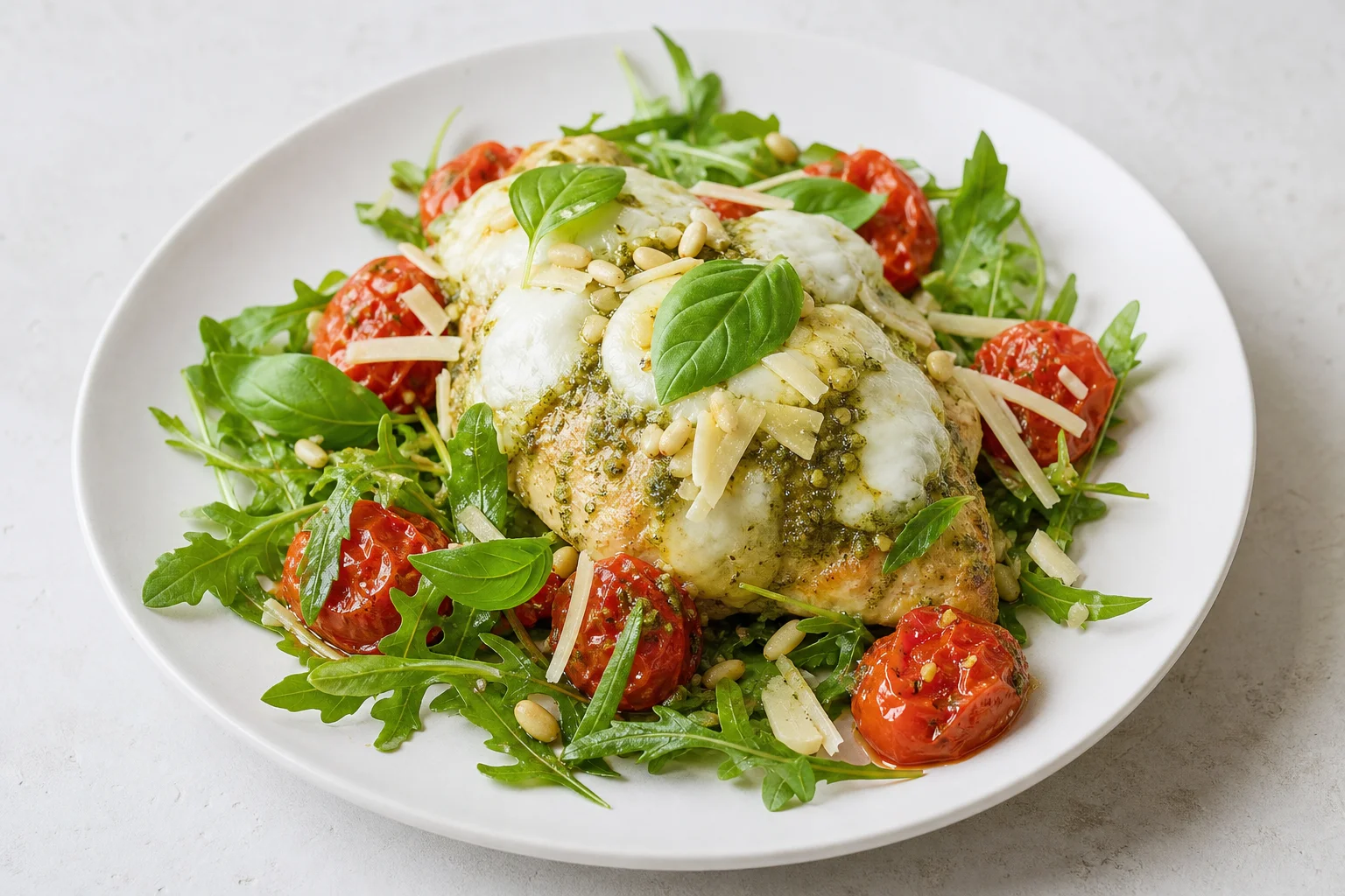 Pesto chicken with roasted tomatoes and mozzarella