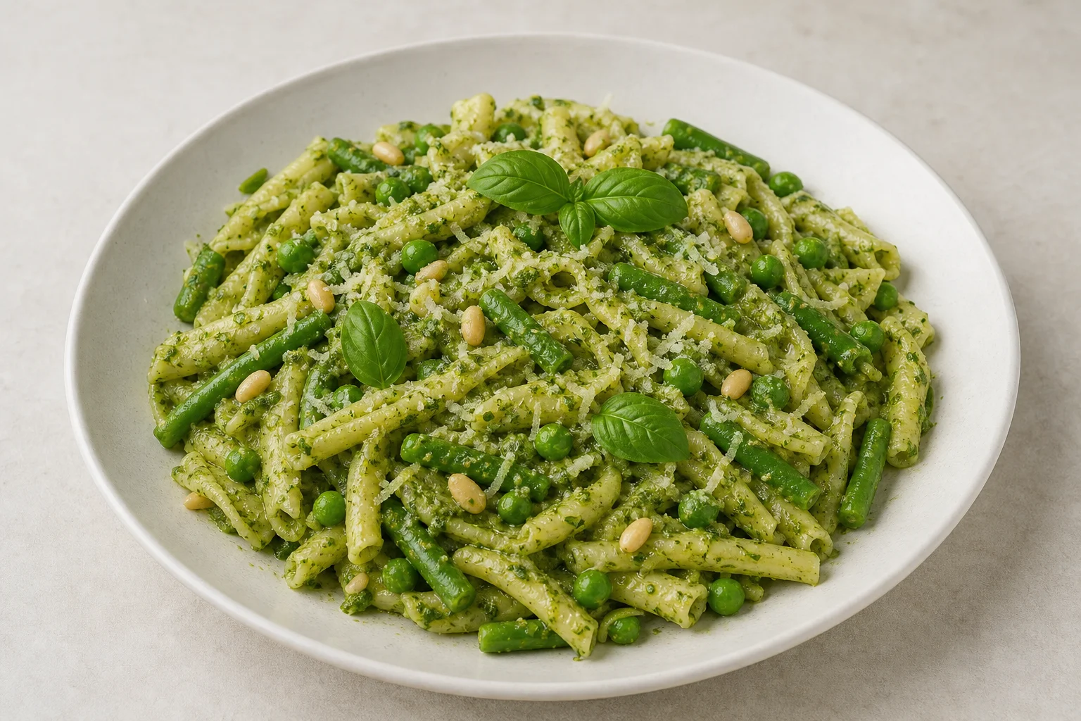 Pesto pasta with peas and green beans