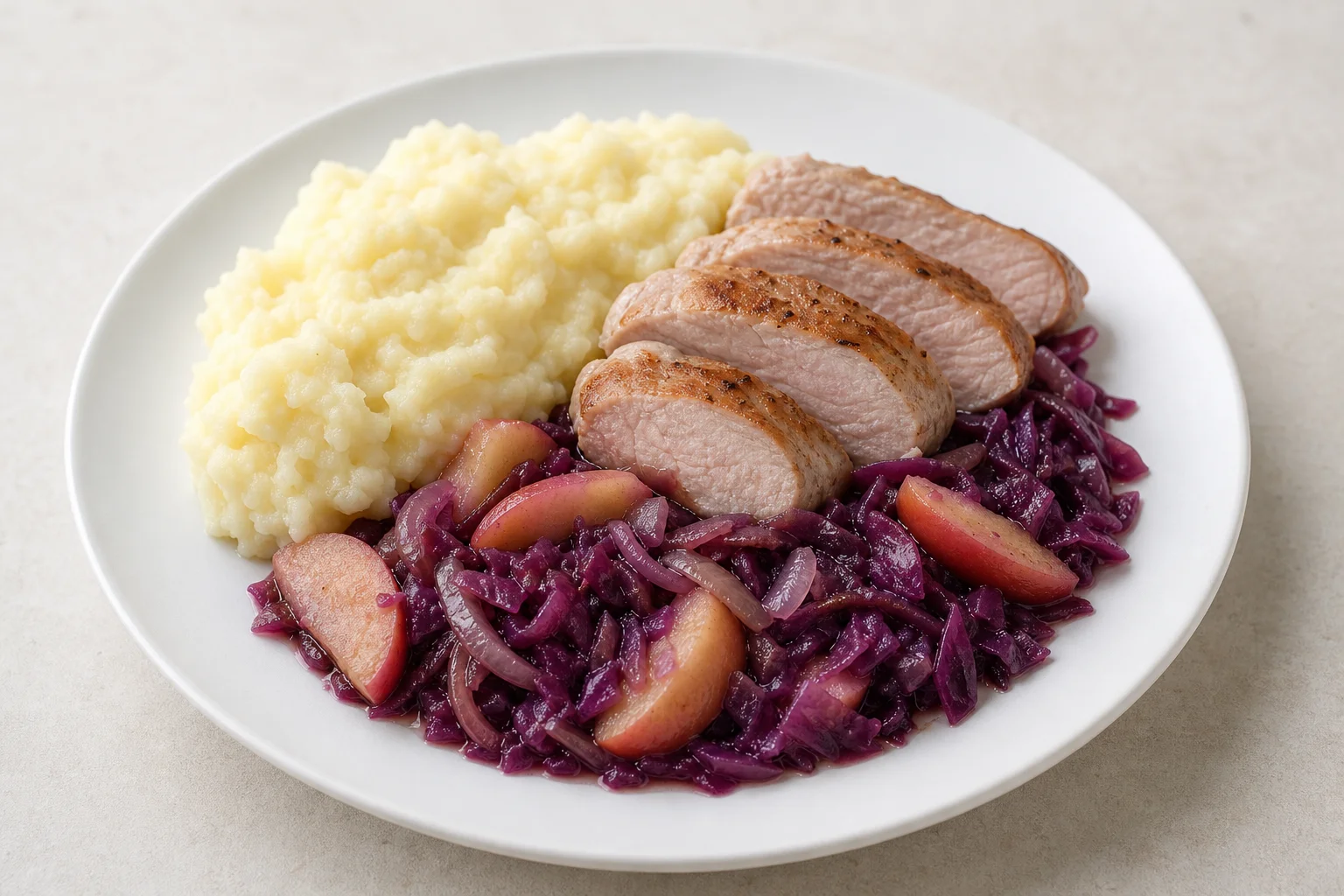 Pork chops with apple and red cabbage