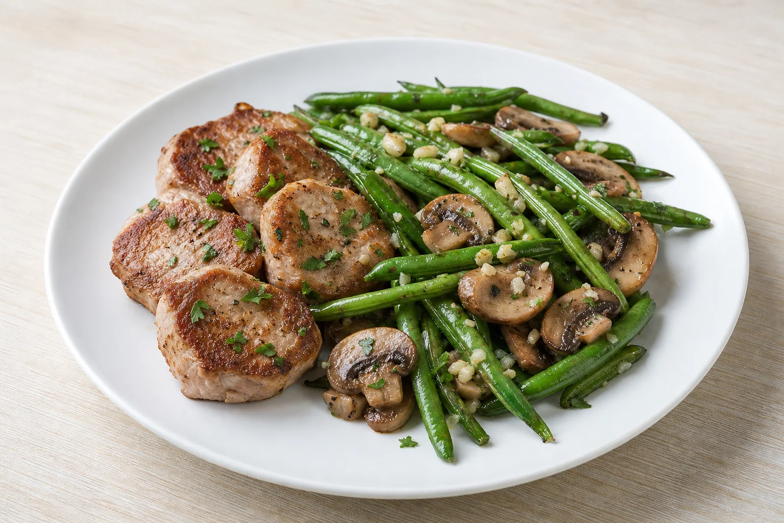 Pork medallions with garlic butter green beans