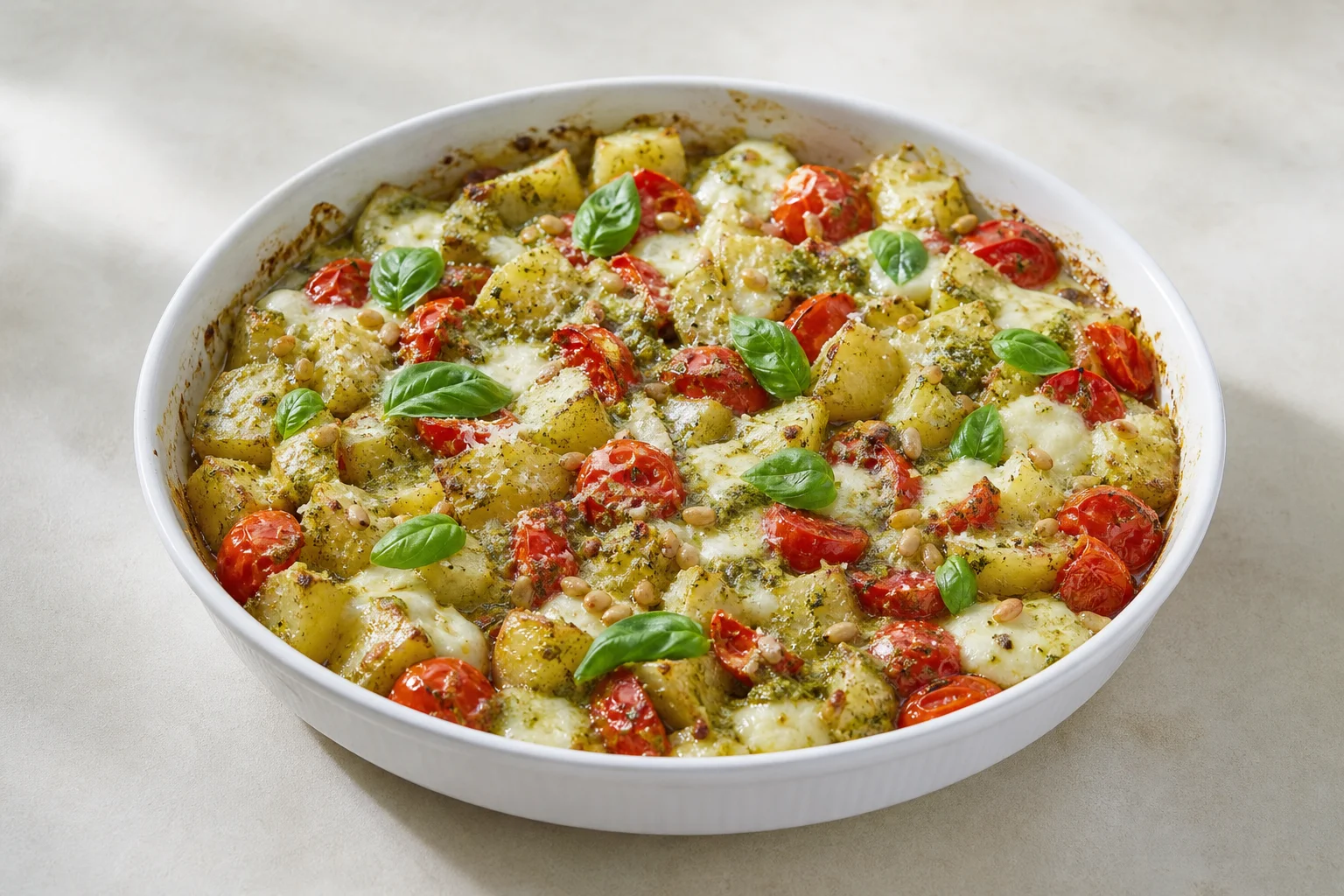 Potato, tomato and pesto bake