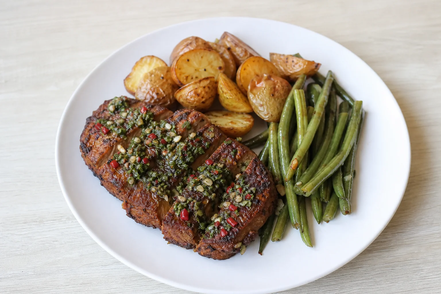 Seitan steaks with chimichurri and potatoes