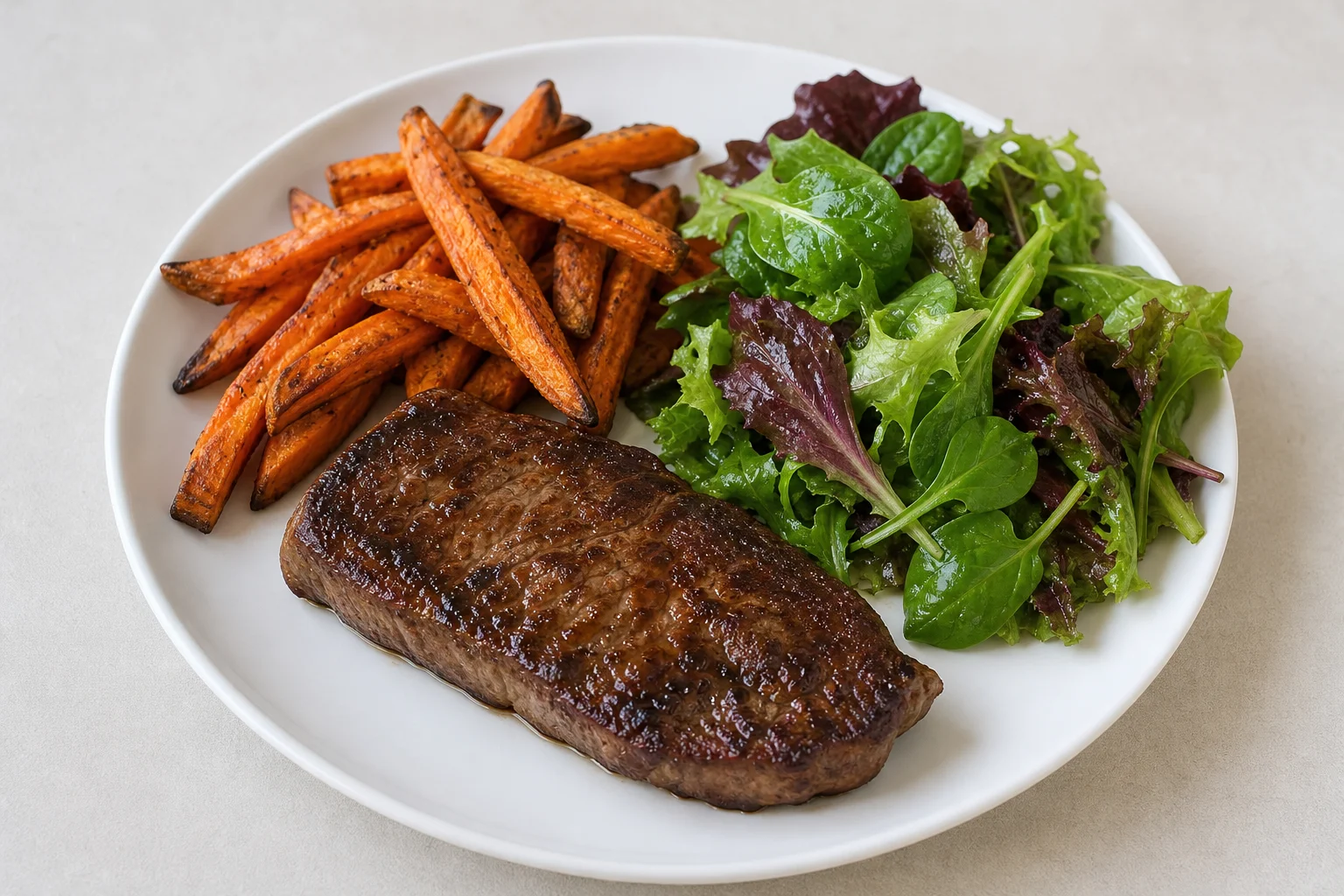 Steak with sweet potato fries and salad