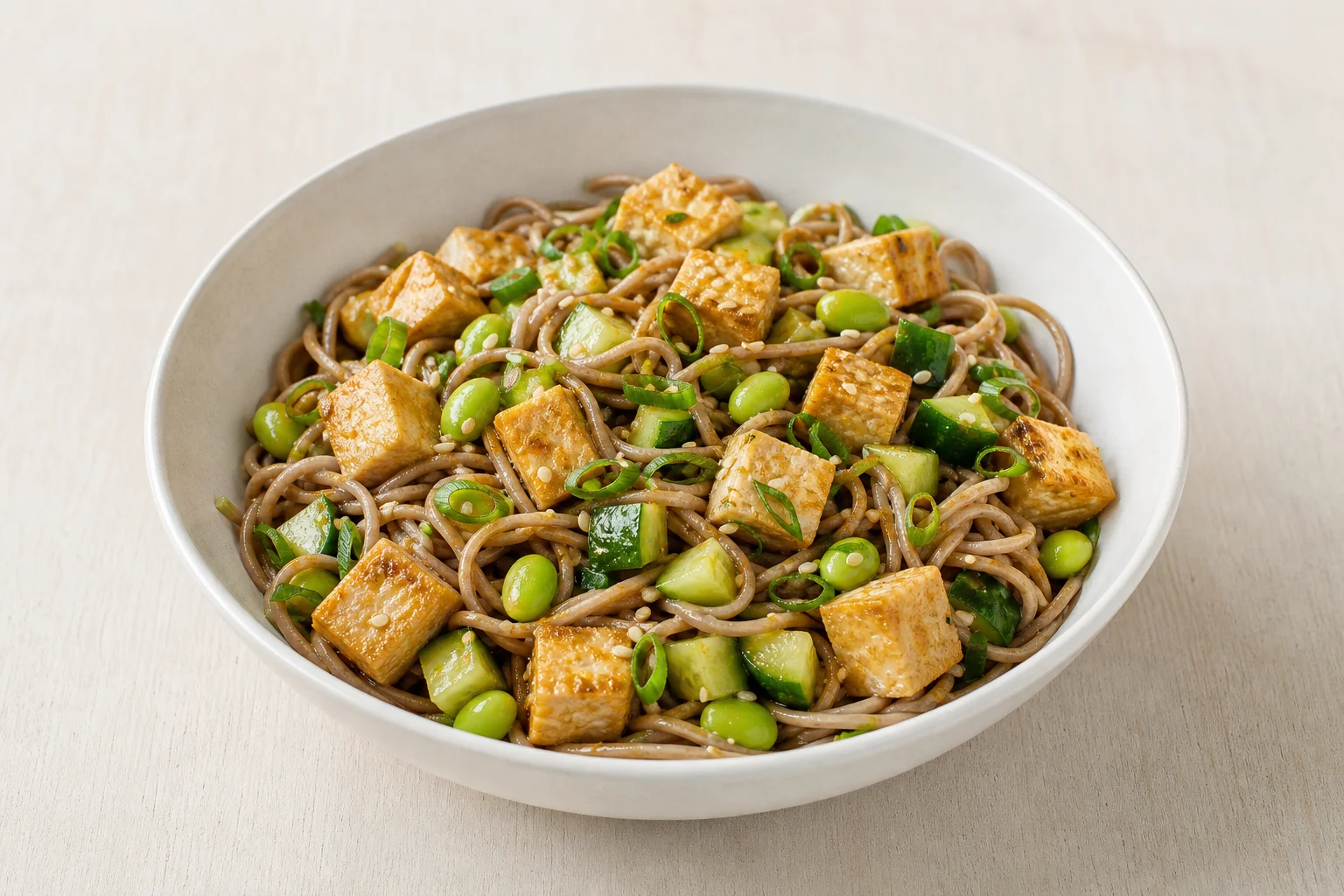 Tofu and edamame soba bowl