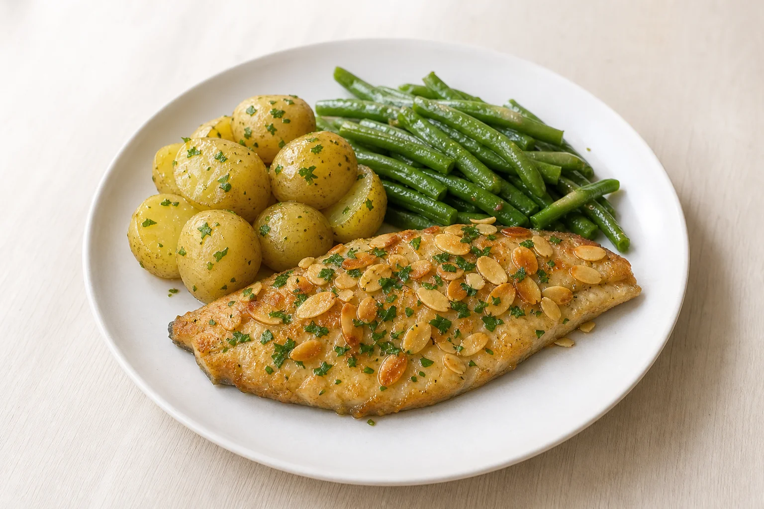 Trout with almonds and green beans