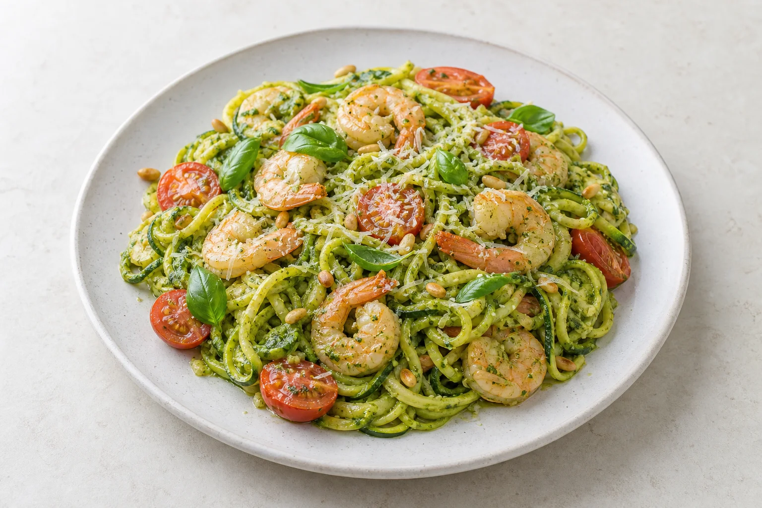 Zucchini noodles with prawns and pesto